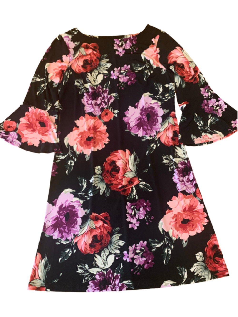 Roz & Ali Floral Dress Size M Black Pink Bell Sleeve